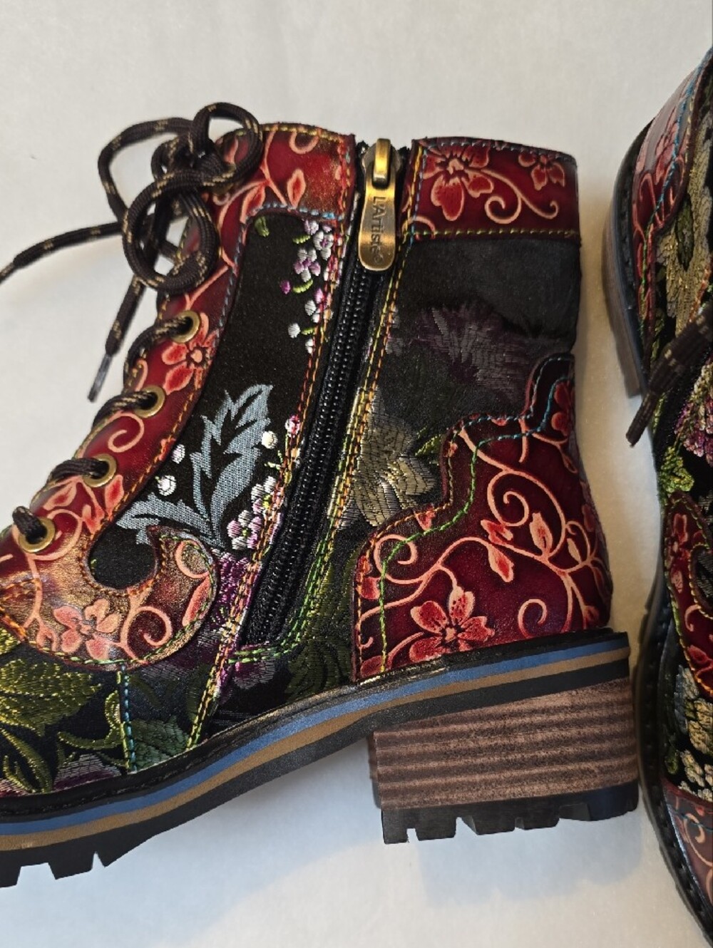 Embroidered Floral Lace-Up Ankle Boots - Burgundy Multi - Picture 5 of 10
